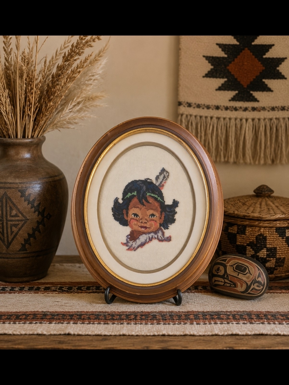 Vintage Petit Point Portrait of Indigenous Child Framed Needlework Oval Wall Art